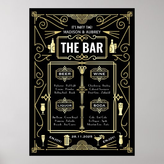 Art Deco Trouwfeest Goud Zwart Great Gatsby Bar Me Poster (Voorkant)