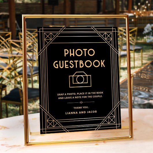 Art Deco Trouwfoto Guestbook Zwart Gouden Teken Poster