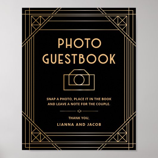 Art Deco Trouwfoto Guestbook Zwart Gouden Teken Poster (Voorkant)