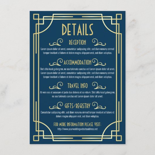 Art Deco trouwgegevens kaart Accommodatie-informat (Voorkant)