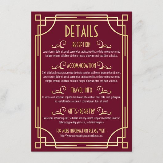 Art Deco trouwgegevens kaart Accommodatie-informat (Voorkant)