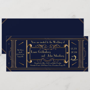 Art Deco Trouwkaart, Marine, Back Navy Kaart