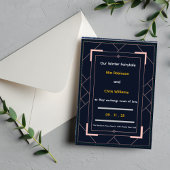 Art Deco Trouwkaart Navy Blauw met Roze Goud Geome Kaart