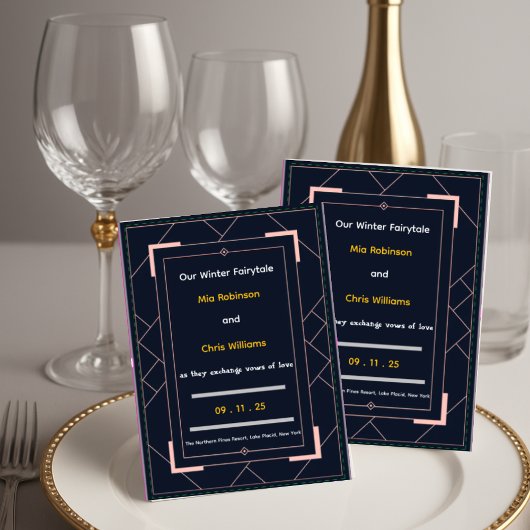 Art Deco Trouwkaart Navy Blauw met Roze Goud Geome Kaart