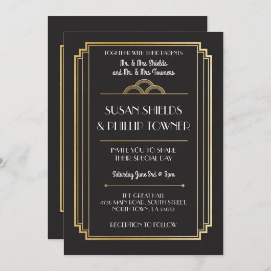 Art Deco Trouwkaarten Zwart & Goud 1920's Kaart (Voorkant / Achterkant)