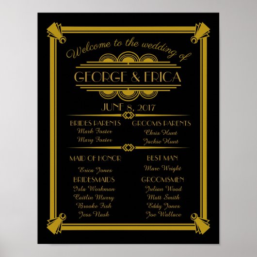 Art Deco trouwprogramma, bruiloft party Silver Poster (Voorkant)