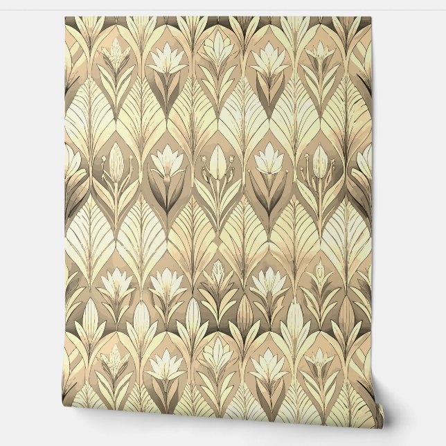 Art Deco Tulp Goud Sepia Patroon Behang (Afrollen)