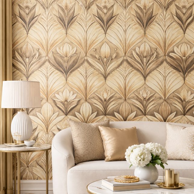 Art Deco Tulp Goud Sepia Patroon Behang (Creator heeft geüpload)