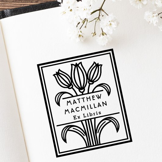 Art Deco Tulp naam Ex libris bibliotheekboek Rubberstempel