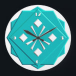 Art Deco turquoise blauw geometrisch patroon Grote Klok<br><div class="desc">Art Deco,  gestileerd,  wit op turquoise blauw geometrisch patroon in gestapelde,  drid uiterlijk met gevlekte randen - digitale kunst</div>