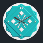 Art Deco turquoise blauw geometrisch patroon Grote Klok<br><div class="desc">Art Deco,  gestileerd,  wit op turquoise blauw geometrisch patroon in gestapelde,  drid uiterlijk met gevlekte randen - digitale kunst</div>