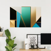 Art Deco Turquoise en Goud Geometrisch Abstract Poster (Thuiskantoor)