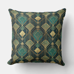 Art Deco Turquoise en Gouden Geometrisch Abstract Kussen