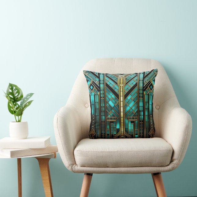 Art Deco Turquoise Goud Zwart Geometrisch Kussen (Stoel)