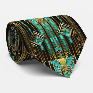 Art Deco Turquoise Goud Zwart Geometrisch Stropdas