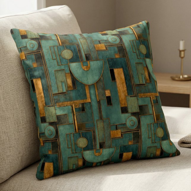 Art Deco Turquoise Gouden Geometrisch Patroon Kussen (Creator heeft geüpload)