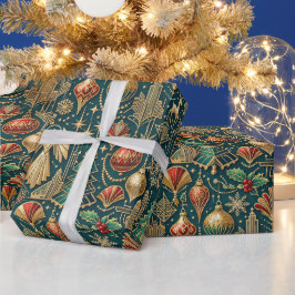 Art Deco Turquoise Gouden Kerst Ornament Illustrat Cadeaupapier