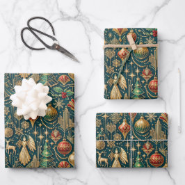 Art Deco Turquoise Gouden Kerst Ornament Illustrat Inpakpapier Vel