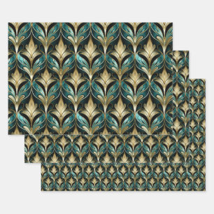 Art Deco Turquoise & Gouden Waaiers Patroon Inpakp Inpakpapier Vel