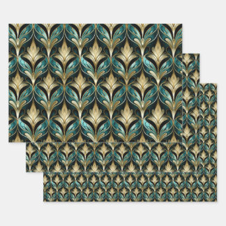 Art Deco Turquoise & Gouden Waaiers Patroon Inpakp Inpakpapier Vel