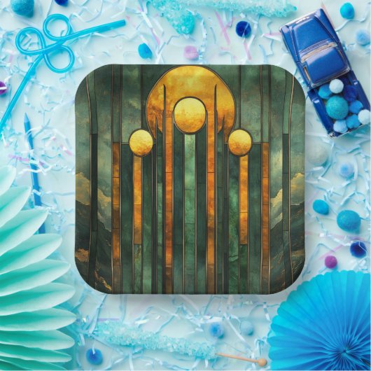 Art Deco Turquoise Groen Goud Zon Papieren Bordje (Feest)