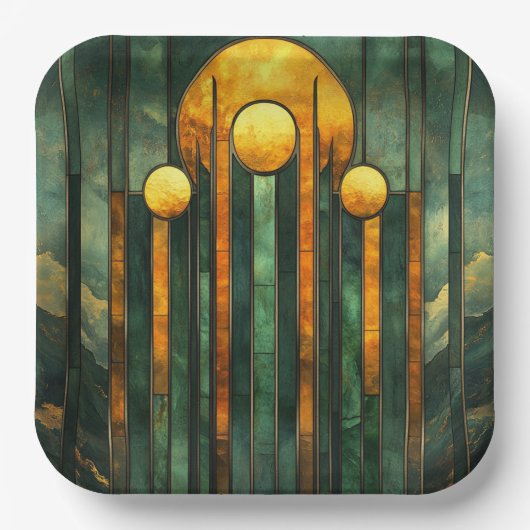 Art Deco Turquoise Groen Goud Zon Papieren Bordje (Voorkant)