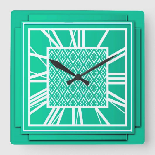 Art Deco, turquoise / pauock Vierkante Klok (Voorkant)