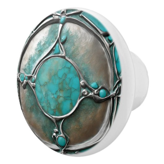 Art Deco turquoise & zilver groen koperpatina  Keramische Knop (Rechts)