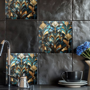 Art Deco Turquoise Zwart Goud Ventilator Keramisch Tegeltje