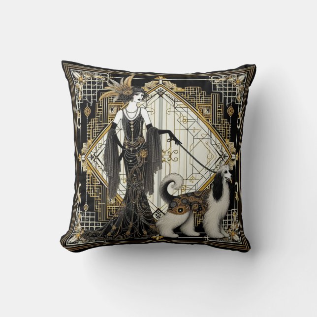 Art Deco Twenties Elegante Dame & Hond Kussen (Voorkant)