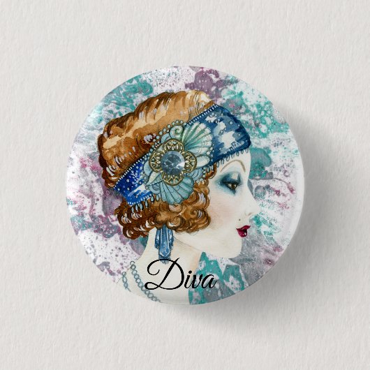Art Deco Twenties Mode Diva Waterverf Kunst Ronde Button 3,2 Cm (Voorkant)