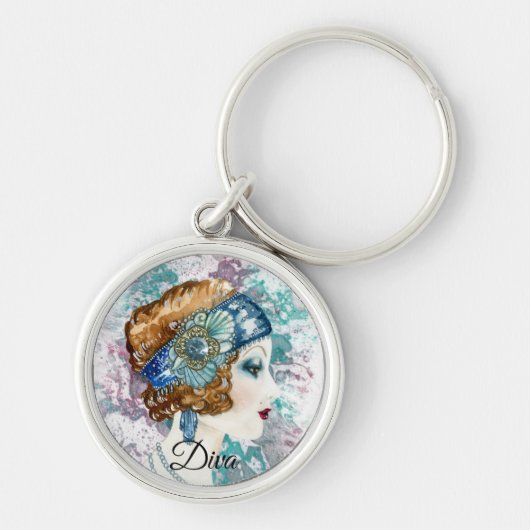 Art Deco Twenties Mode Diva Waterverf Kunst Sleutelhanger (Voorkant)