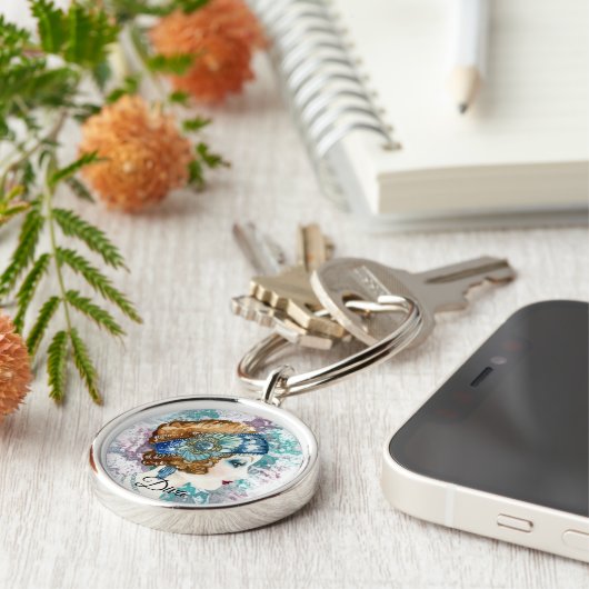 Art Deco Twenties Mode Diva Waterverf Kunst Sleutelhanger (Zijkant)