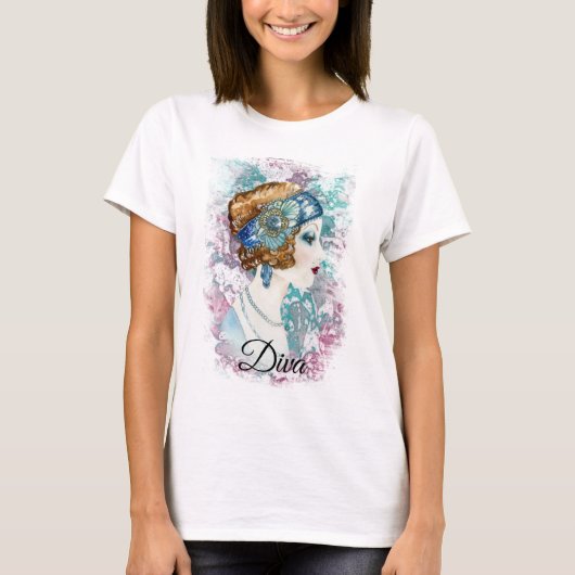 Art Deco Twenties Mode Diva Waterverf Kunst T-shirt (Voorkant)