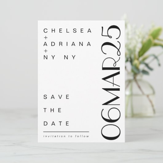 Art Deco typografie modern zwart wit Save The Date (Staand voorkant)