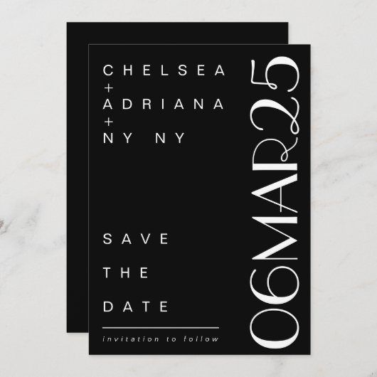 Art Deco Typography Black White Wedding Save The Date (Voorkant / Achterkant)