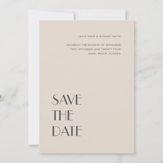 Art Deco Typography Cream Sand Wedding Save The Date (Voorkant)