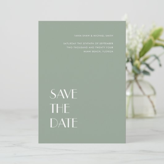 Art Deco Typography Sage Grey Green Wedding Save The Date (Staand voorkant)