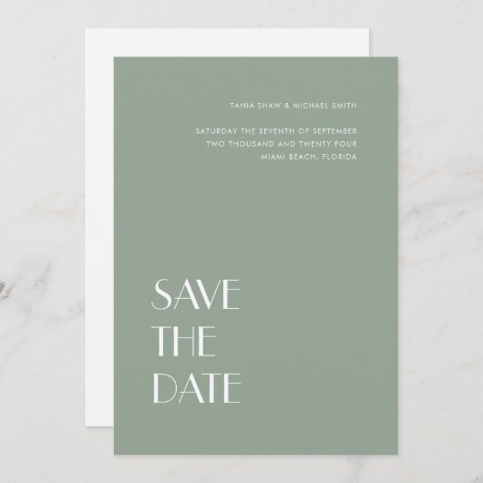 Art Deco Typography Sage Grey Green Wedding Save The Date (Voorkant / Achterkant)