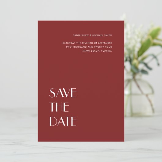 Art Deco Typography Vermilion Red Wedding Save The Date (Staand voorkant)