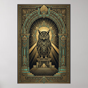 Art Deco Uil Wijsheid Poster Goud & Teal Geometr