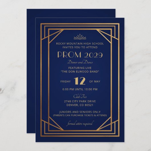 Art Deco-uitnodiging in Navyblauw en Goud Kaart (Voorkant / Achterkant)