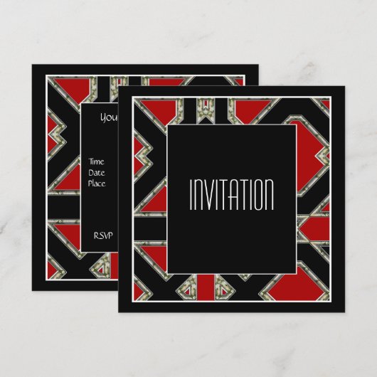 Art Deco uitnodiging rood zwart (Voorkant / Achterkant)
