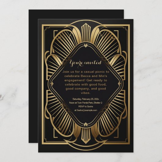 Art-deco-uitnodiging voor zwarte & goudfeestjes kaart (Voorkant / Achterkant)