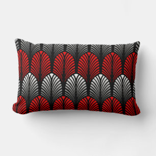 Art Deco veerpatroon, zilvergrijs en rood Kussen