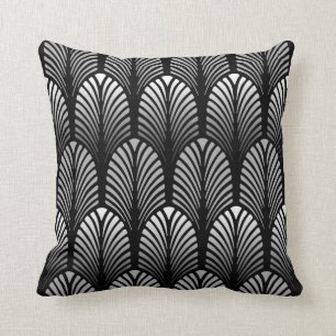 Art Deco veerpatroon, zilvergrijs en zwart Kussen