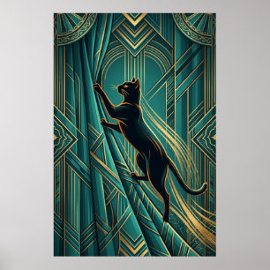 Art Deco vensterbank Zwarte Kat Wandkunst Poster