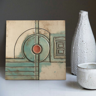 Art Deco ventilator en cirkel Teal Tan Roestig Tegeltje