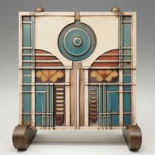 Art Deco ventilator en cirkel Teal Tan Roestig Tegeltje
