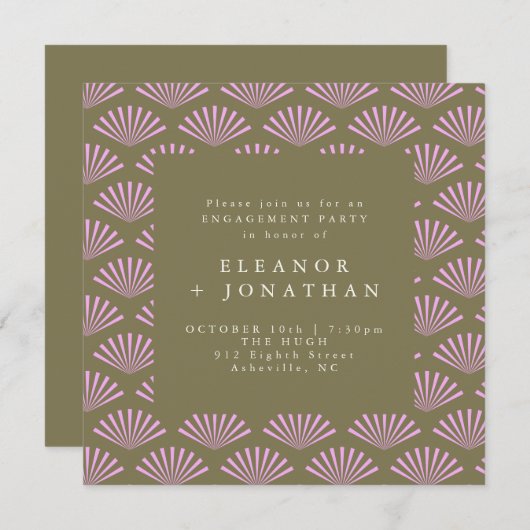 Art Deco-ventilatoren in de Olijf en de Lila Engag Kaart (Voorkant / Achterkant)